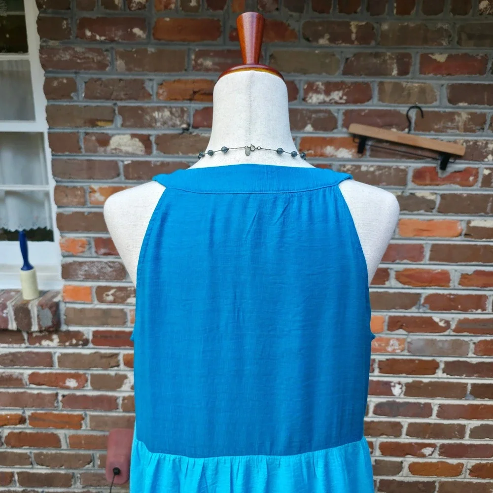 J. Jill Maxi Dress PM Blue Green Colorblock Tiered Boho Coastal Summer - Picture 14 of 16
